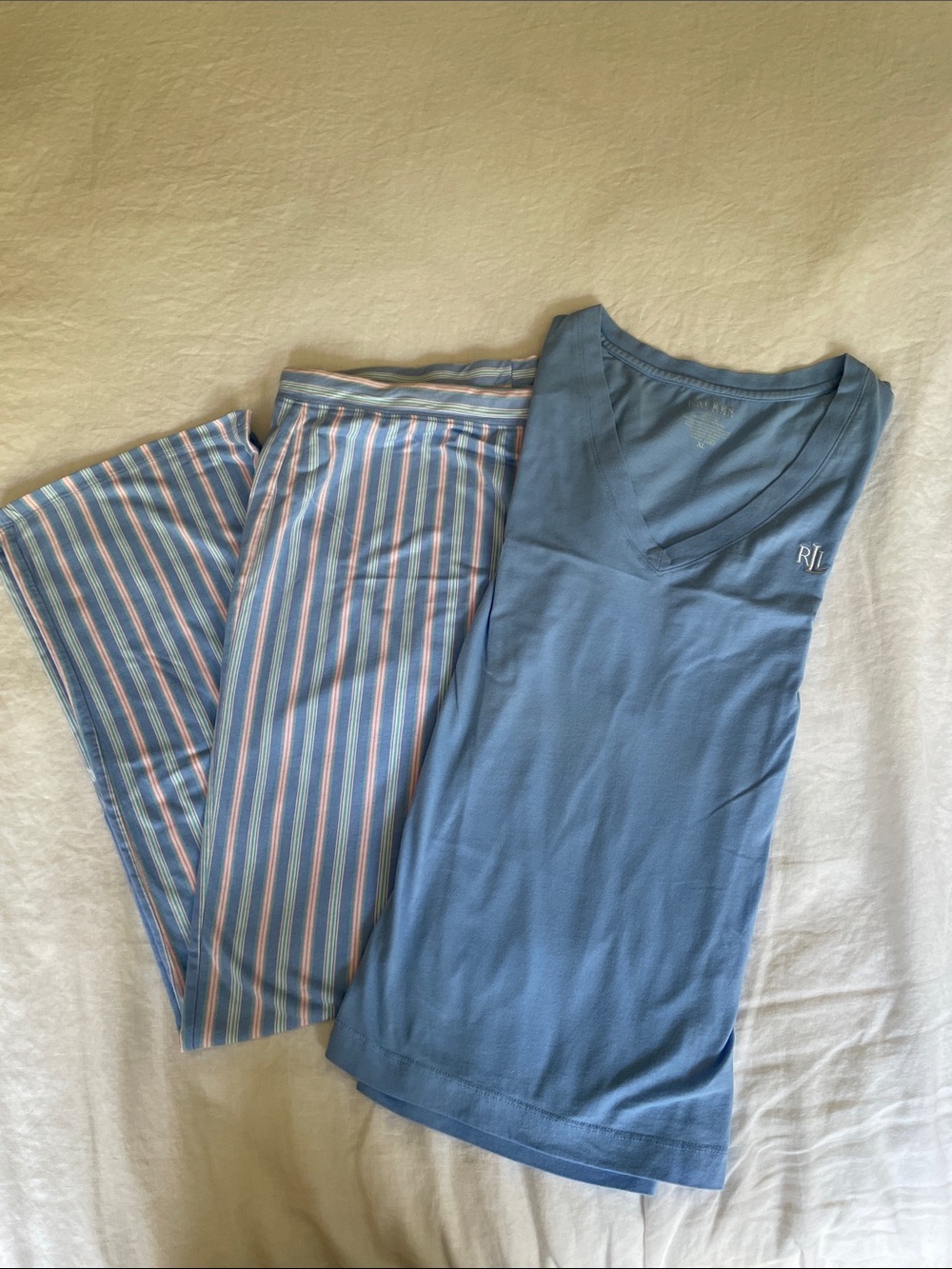Ralph Lauren Light Blue V-Neck Pajama Set with Striped Pants